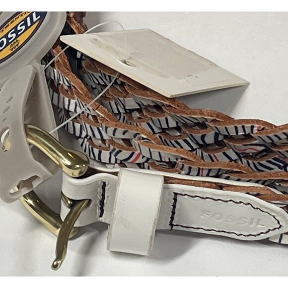 Fossil Braided Leather Belt Brown White Blue Gold Buckle Size M - Picture 2 of 8
